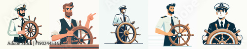 Vector Illustration of a Male Captain Holding the Steering Wheel of a Ship