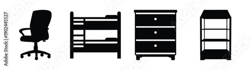 A minimalist vector graphic illustration of office and bedroom furniture in silhouette mode