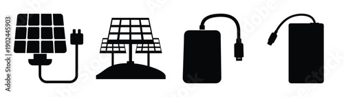 A set of solar panel icons in silhouette mode for renewable energy design
