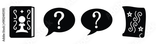 A set of flat, minimal icons representing speech bubbles and a mysterious book with a silhouette design