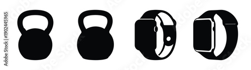 A set of fitness icons including kettlebells and smartwatches in silhouette mode