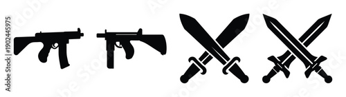 A set of black silhouette icons featuring various weapons on a white background