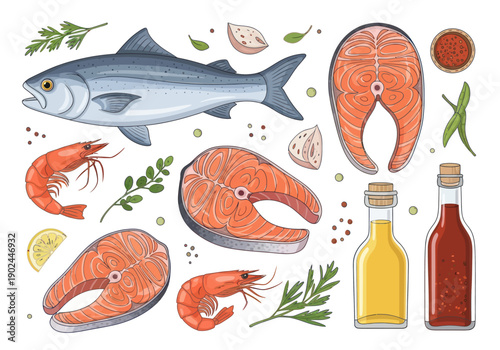 Fresh seafood ingredients with salmon steaks, whole fish, shrimp, herbs, spices and cooking oils for healthy meal preparation