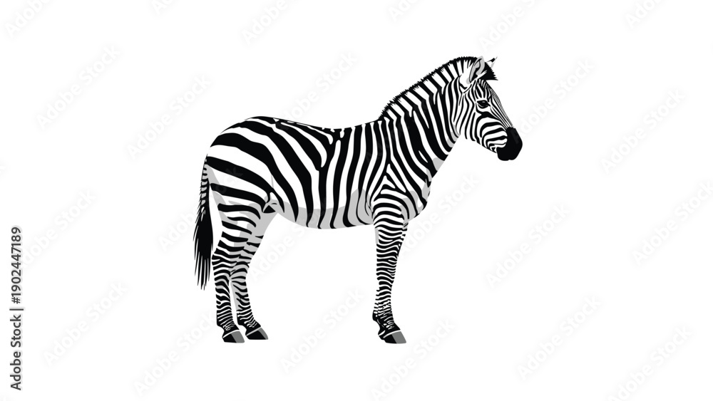 Fototapeta premium Full length realistic illustration of a zebra standing showing its unique black and white stripe pattern in detail.