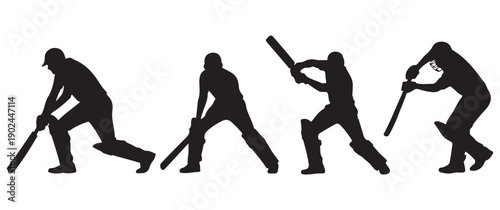 Silhouette of cricket players batting on white background