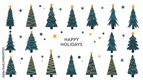 Collection of dark blue and green Christmas trees with gold stars and happy holidays text on a white background.