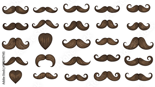 Large collection of different mustache styles and shapes in brown tones with detailed hair textures and curls.