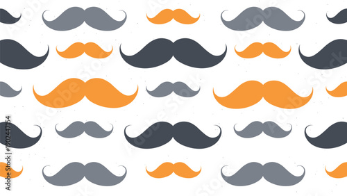 Seamless pattern of various mustache styles in grey and orange colors creating a fun and repetitive male theme.