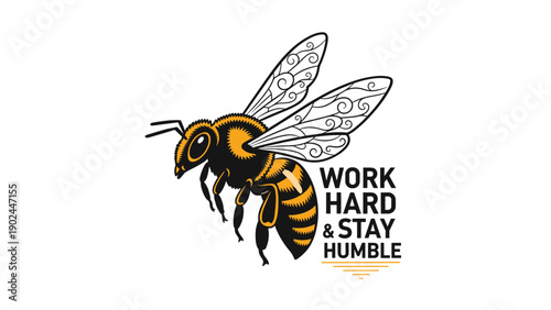 Inspirational design with a detailed flying honeybee and the motivational text work hard and stay humble.