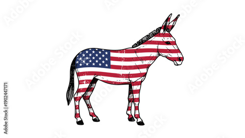 Detailed sketch of a donkey filled with the patterns of the american flag stars and stripes on a white background.