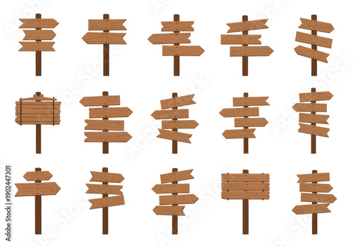 Set of wooden directional signposts with multiple blank arrow boards in different angles and styles for navigation and wayfinding design