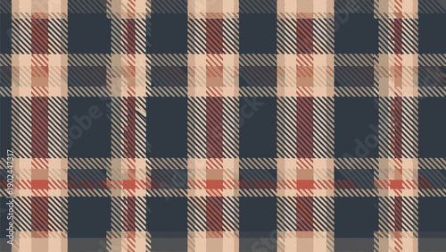 Classic plaid tartan pattern with intersecting stripes in dark blue beige and orange colors for clothing and upholstery design.