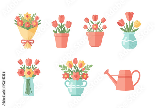 Spring flower arrangements with tulips and daisies in pots, vases, bouquet, and watering can, perfect for gardening and floral decoration
