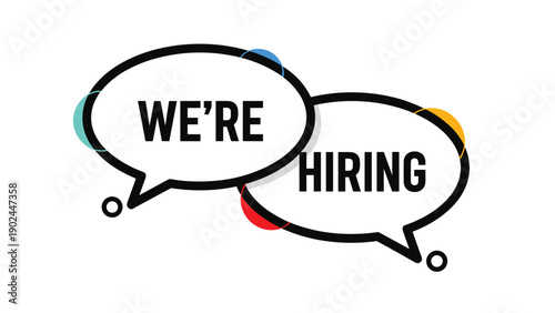 We are hiring recruitment message in overlapping speech bubbles with colorful abstract accents for business hiring and job vacancy ads.