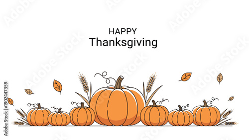 Happy Thanksgiving greeting message with a row of orange pumpkins and autumn leaves on a white background for festive holiday designs.
