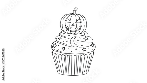 Detailed black and white line drawing of a Halloween cupcake topped with a jack o lantern pumpkin and crescent moon for coloring activities.