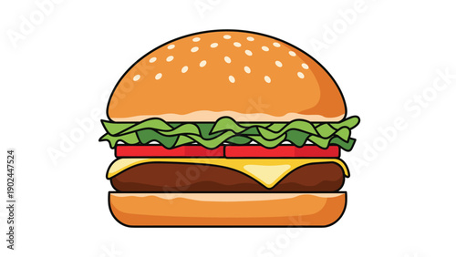 Detailed colorful illustration of a classic cheeseburger with beef patty lettuce and tomato on a sesame seed bun for fast food menus.