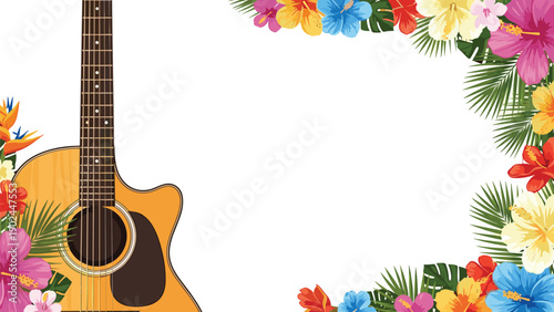 Acoustic guitar within a lush vibrant frame of tropical hibiscus flowers and palm leaves for summer music and island party themes.