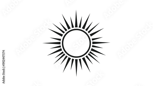 Geometric black sun icon with long sharp rays creates a bold celestial symbol for weather or energy concepts.