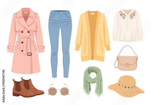 Women's casual spring outfit set with trench coat, jeans, cardigan, floral blouse, ankle boots, sunglasses, scarf, handbag, and sun hat for stylish looks