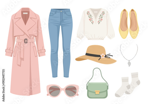 Woman's casual and elegant outfit set with pink coat, blue jeans, floral blouse, hat, sunglasses, handbag, ballet flats, necklace, and socks for everyday wear