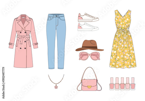 Women?s fashion set with pink trench coat, blue jeans, floral dress, handbag, sunglasses, hat, necklace, sneakers and nail polish, stylish casual outfit collection