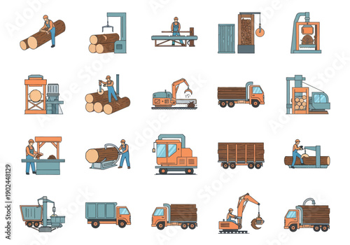 Wood processing technology icons set with lumberjacks, machinery, trucks, and equipment for forestry and timber industry usage