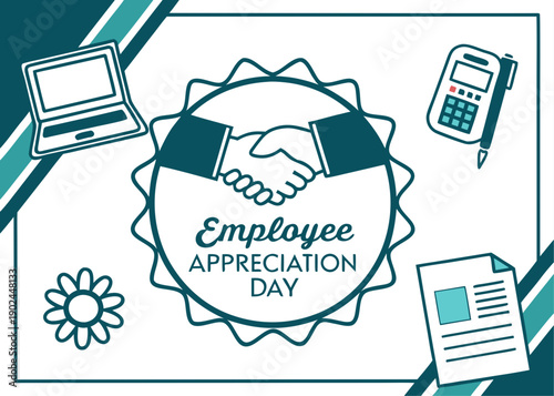 Employee appreciation day celebration with office supplies and technology icons
