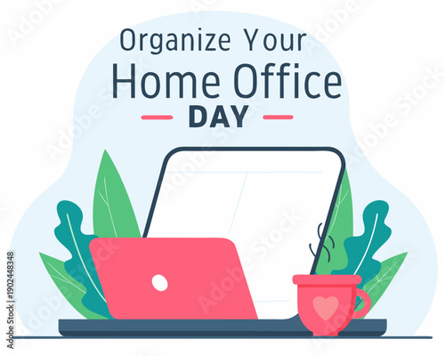 organize your home office day with laptop and coffee cup on desk