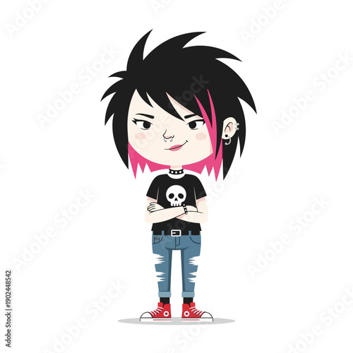 Cartoon Teen Girl with Punk Rock Style Hair and Skull T-Shirt