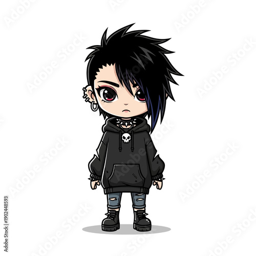 Chibi Goth Girl Illustration with Spiky Hair, Skull Hoodie, and Ripped Jeans