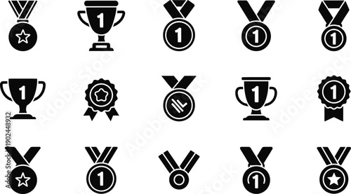 Black Icons of Trophies, Medals, and First Place Awards