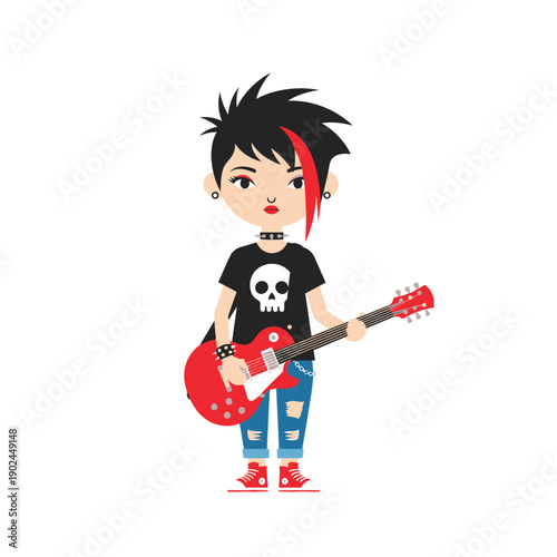 Punk Rock Girl with Electric Guitar, Skull T-shirt, Ripped Jeans