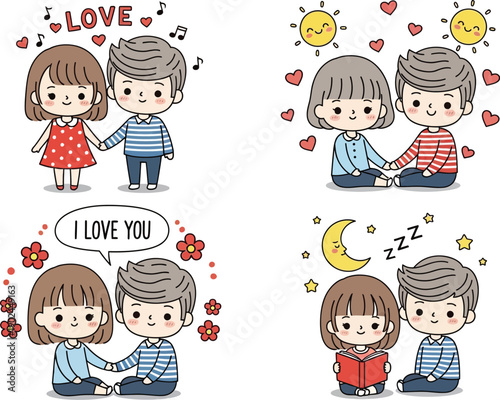 A set of cartoon illustrations depicting couples in various romantic settings with affectionate gestures.