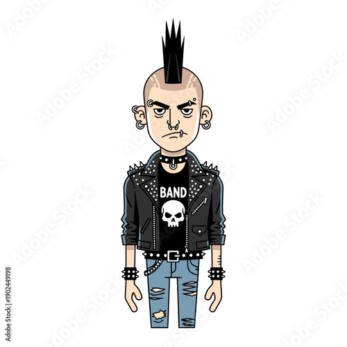 Cartoon Punk Rocker Character with Spiked Mohawk and Leather Jacket