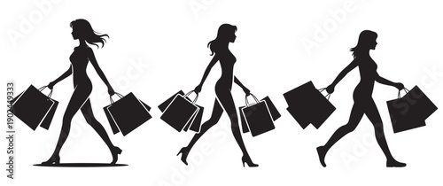 Silhouettes of women walking with shopping bags, dynamic poses