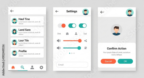 Mobile app settings screens with user profile toggle switches and confirmation dialog on gray background