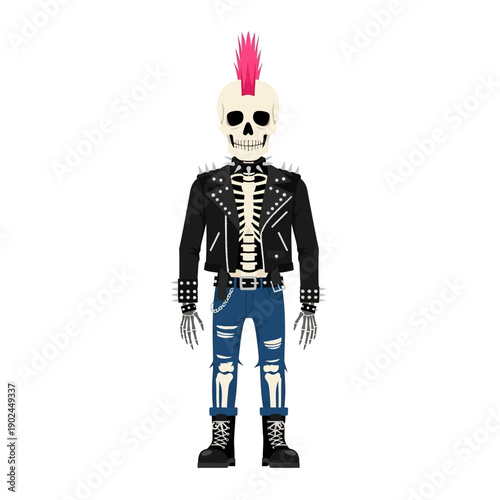 Punk Skeleton Rocker with Pink Mohawk, Leather Jacket, Ripped Jeans, and Boots
