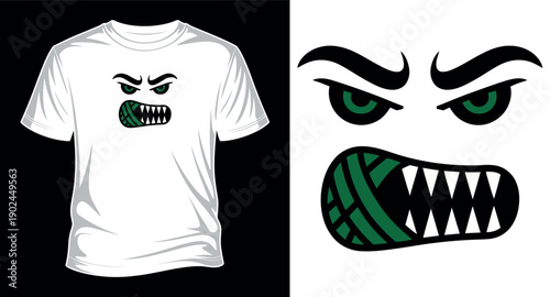 Angry monster face with sharp teeth and green eyes graphic for creative apparel and merchandise design