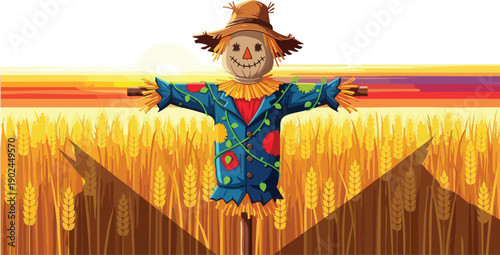 Scarecrow Standing in Wheat Field.