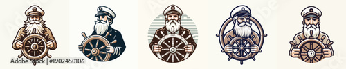 Vector Illustration of a Elderly Captain Holding the Steering Wheel of a Ship
