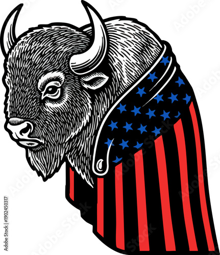 Strong American Bison Vector Illustration with USA Flag Cape