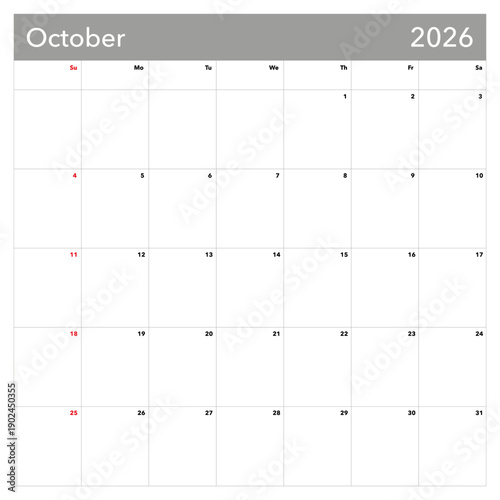 Blank calendar for October 2026 with empty date boxes, clear layout, and space for notes or appointments, suitable for planning and organization