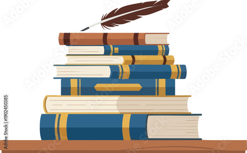 Stack of Books with Quill Pen.