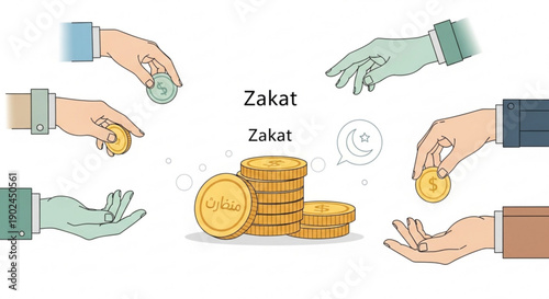 Hands exchanging coins for zakat charity and donation concept with gold coins