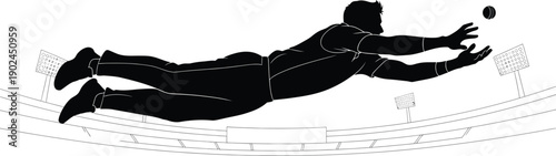 Dynamic silhouette of athlete diving to catch ball in stadium