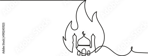 Abstract fire flame mosque continuous one line drawing minimalist outline illustration