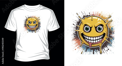 Crazy yellow emoji with sharp teeth and dripping slime, grunge splatter background for t-shirt design