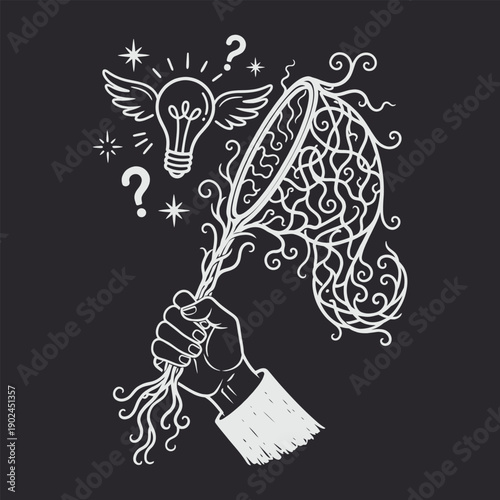 Vintage illustration of a hand catching a flying lightbulb idea with a swirling net.