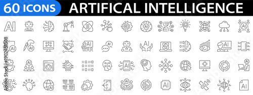 Artificial Intelligence 60 icon set. Machine learning. AI technology. AI, virtual assistant, generative AI and more. Editable stroke. Vector illustration